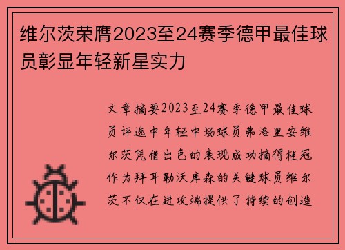 维尔茨荣膺2023至24赛季德甲最佳球员彰显年轻新星实力
